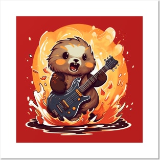 Cute Sea Otter Playing Guitar Death Metal Posters and Art